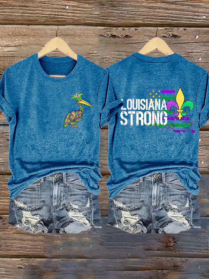 Retro Pelican Crown & Louisiana Strong Fleur-de-lis Print T-Shirt - Image 6