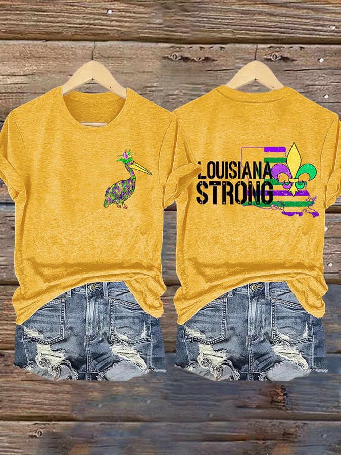 Retro Pelican Crown & Louisiana Strong Fleur-de-lis Print T-Shirt - Image 7