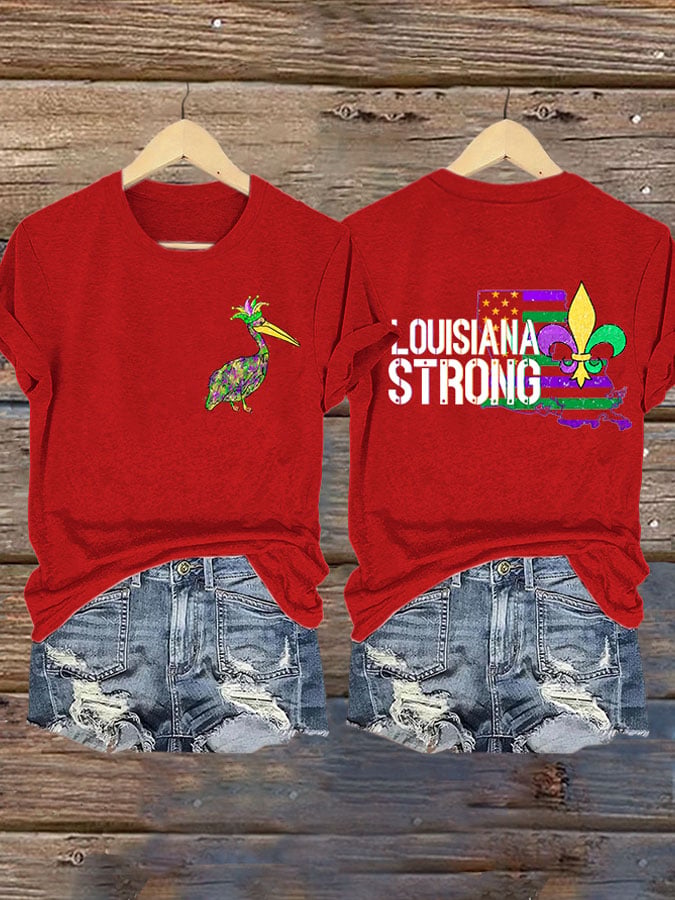 Retro Pelican Crown & Louisiana Strong Fleur-de-lis Print T-Shirt - Image 8