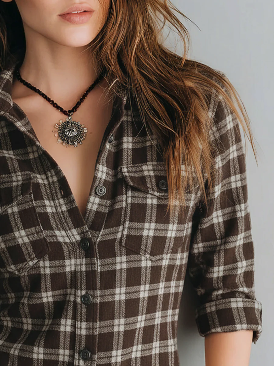 Retro Plaid Long-sleeved Blouse - Image 2