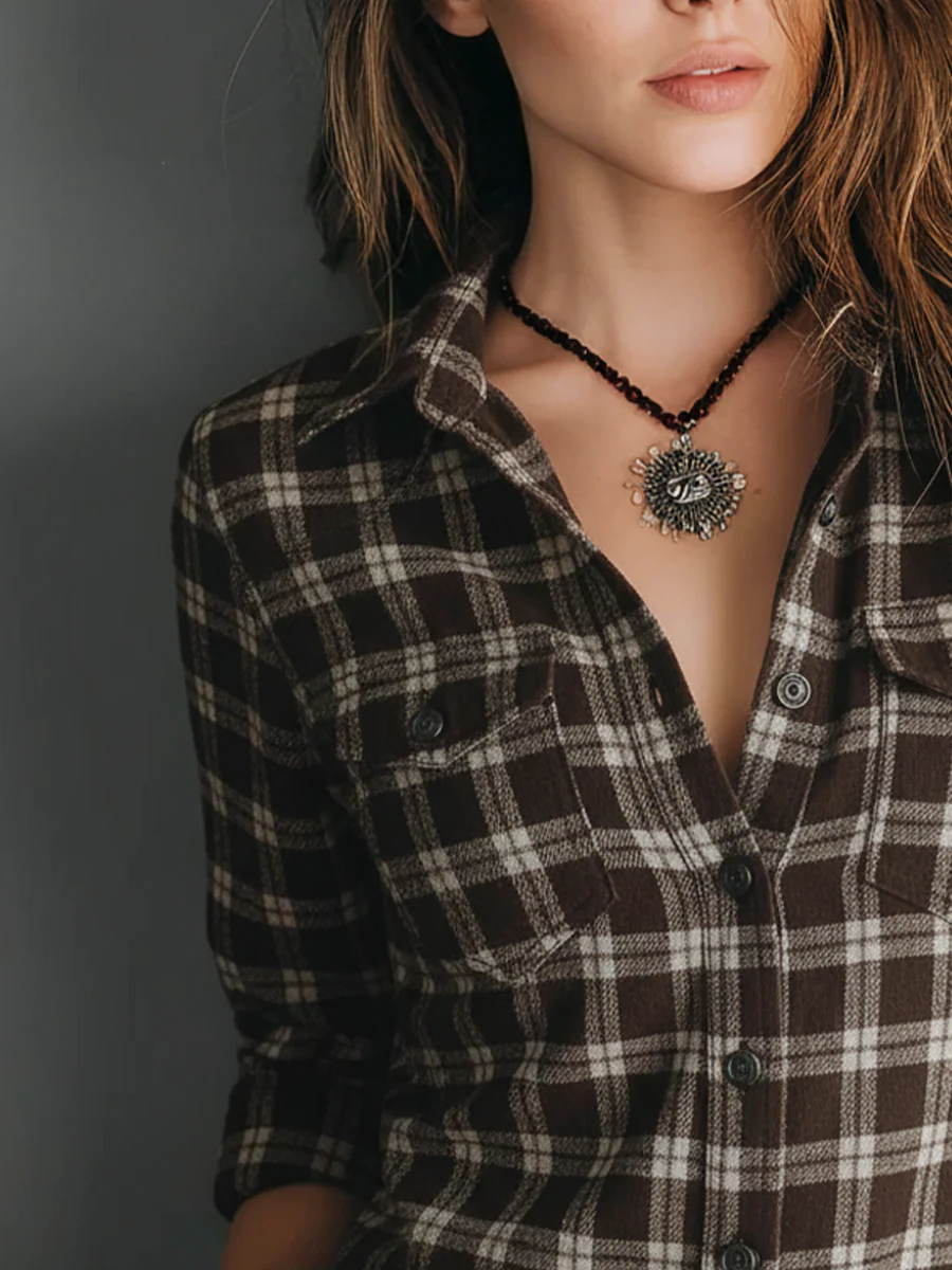 Retro Plaid Long-sleeved Blouse - Image 3