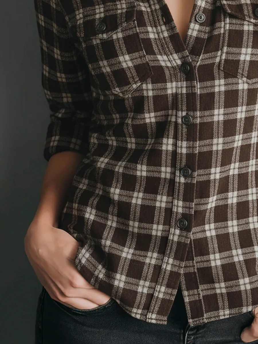 Retro Plaid Long-sleeved Blouse - Image 4