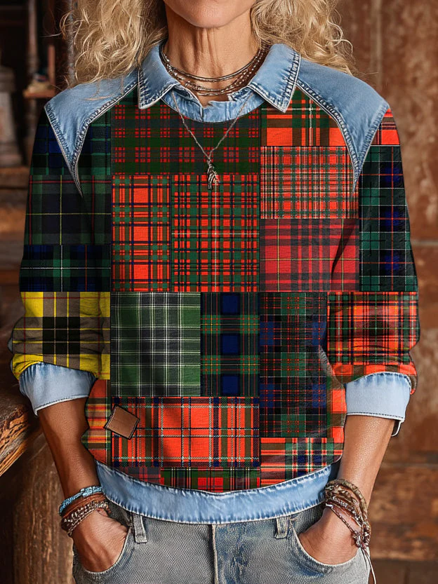 Retro Plaid Patchwork Art Print Patchwork Casual Cotton Sweatshirt