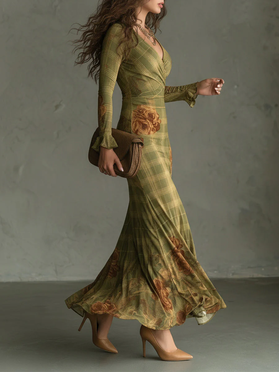 Retro Plaid Rose Print Slim Fit Fishtail Cotton Blend Maxi Dress - Image 2