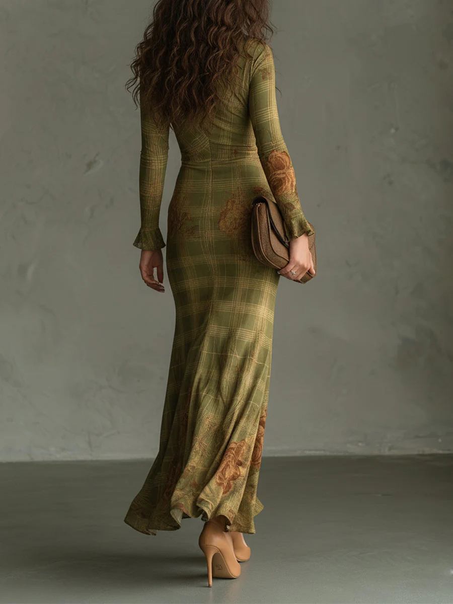 Retro Plaid Rose Print Slim Fit Fishtail Cotton Blend Maxi Dress - Image 3