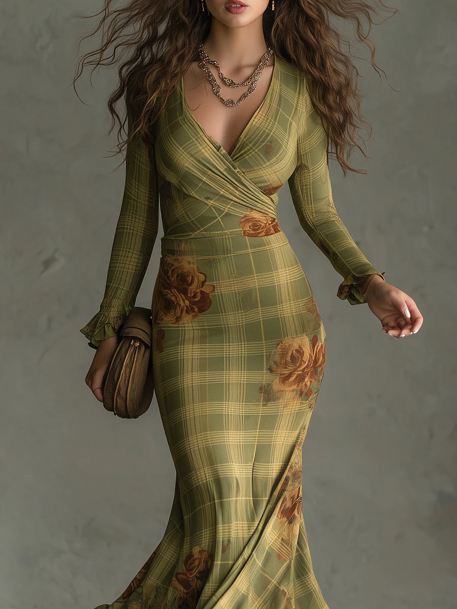 Retro Plaid Rose Print Slim Fit Fishtail Cotton Blend Maxi Dress - Image 4