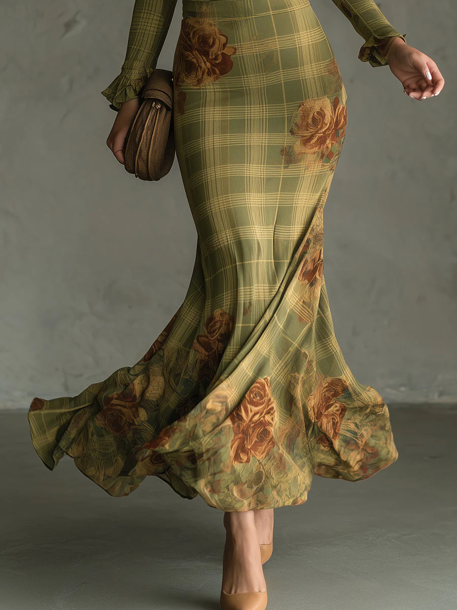 Retro Plaid Rose Print Slim Fit Fishtail Cotton Blend Maxi Dress - Image 5