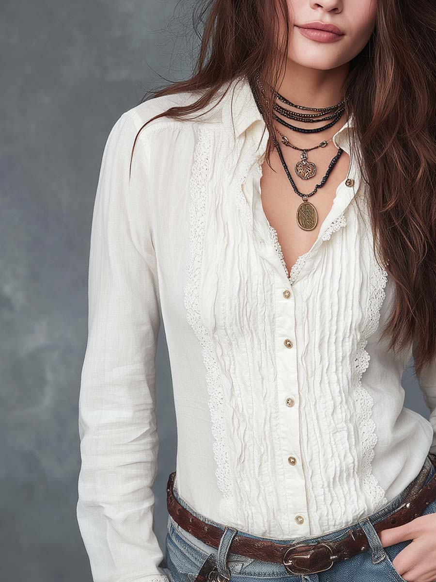 Retro Pleated Long-sleeved Blouse - Image 2