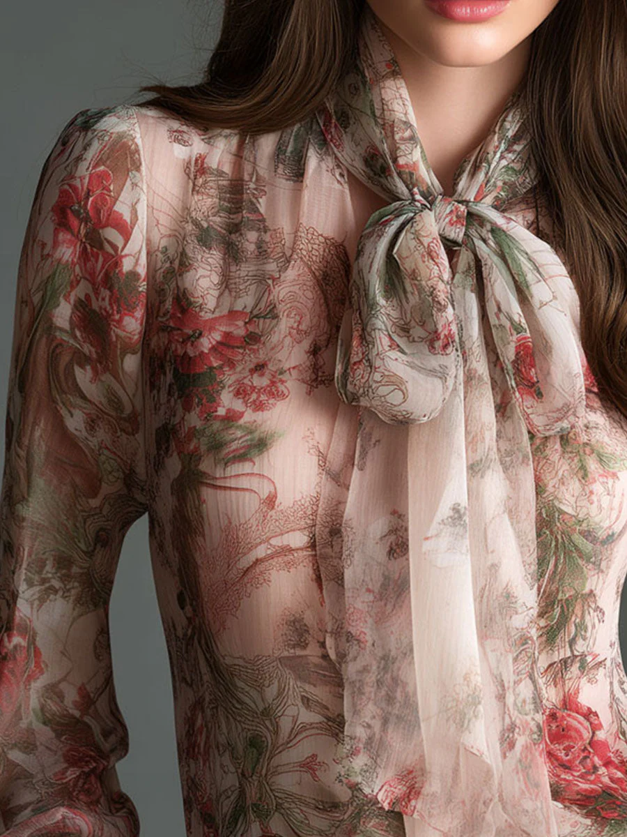 Retro Romantic Floral Chiffon Bow-Tie Blouse - Image 3