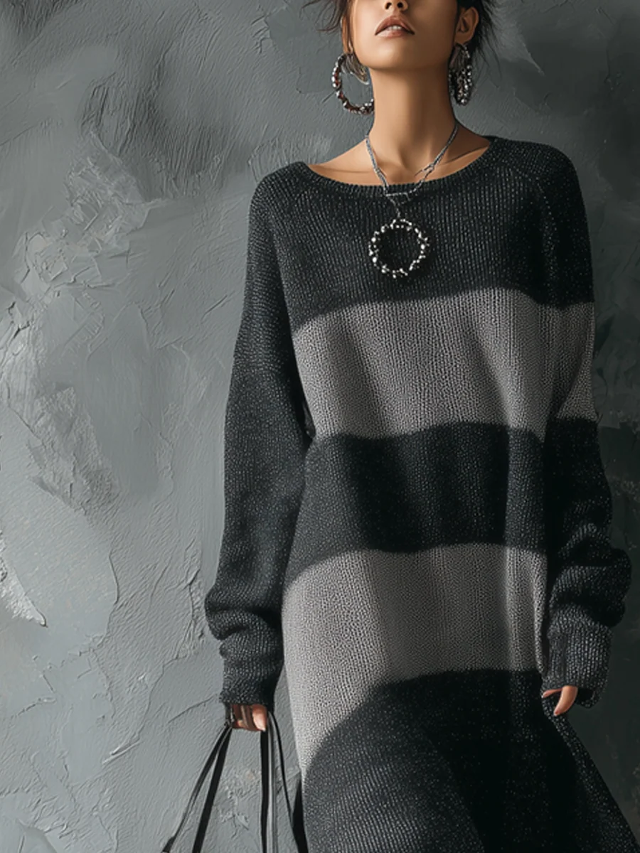 Retro Round Neck Contrast Color Knitted Midi Dress - Image 2