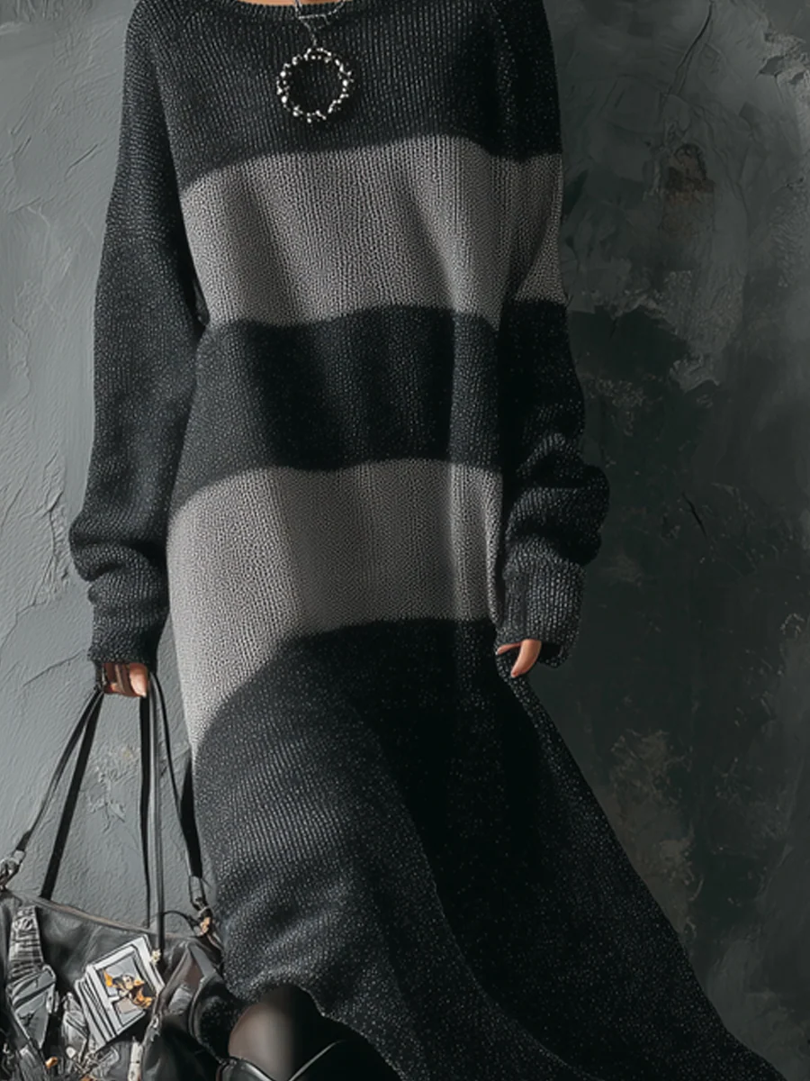 Retro Round Neck Contrast Color Knitted Midi Dress - Image 3