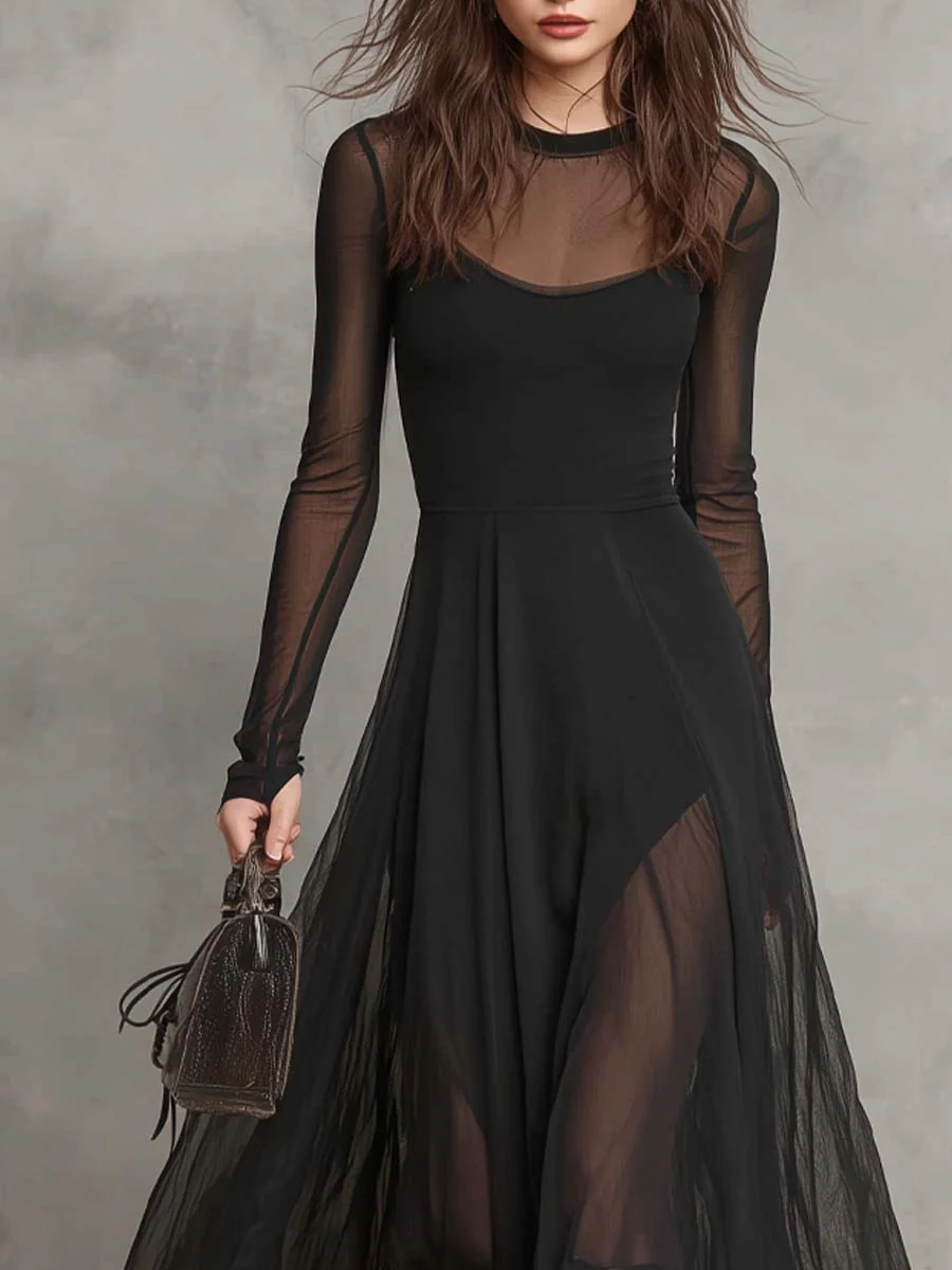 Retro Round Neck Sheer Fabric Maxi Dress - Image 2