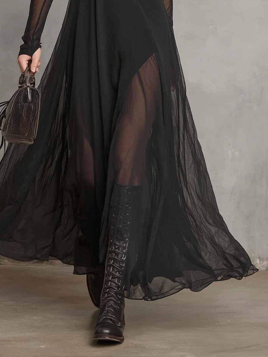 Retro Round Neck Sheer Fabric Maxi Dress - Image 3