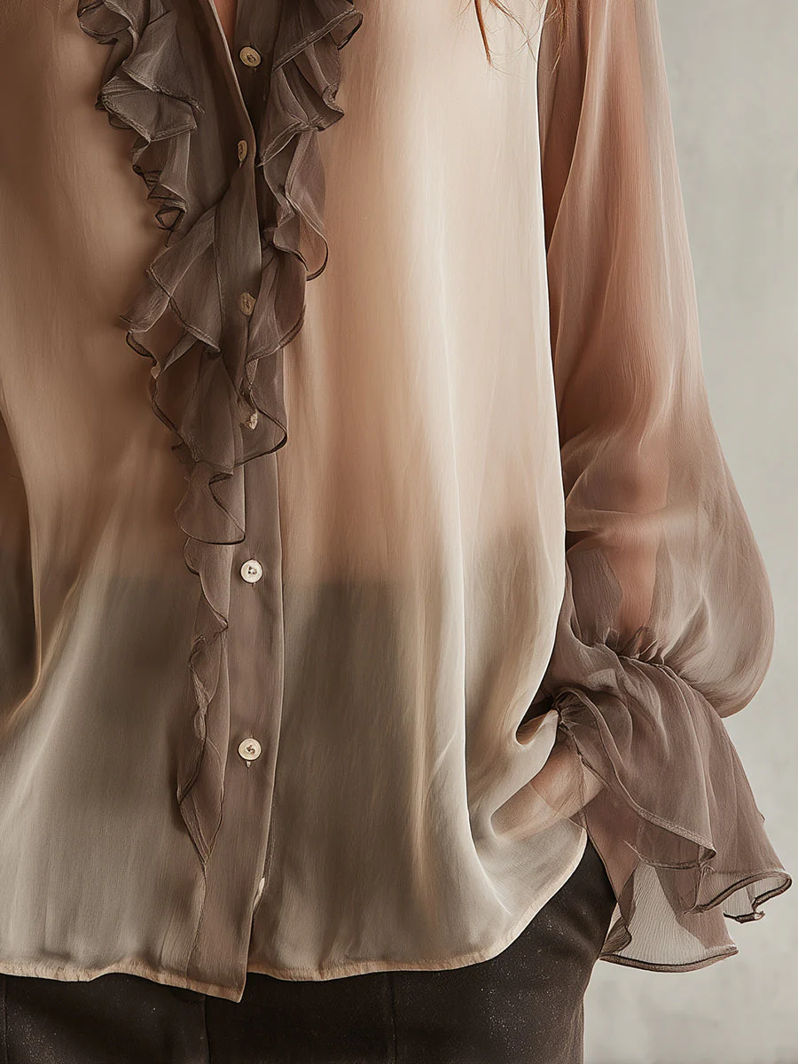 Retro Ruffle Neckline Bell Sleeves Chiffon Blouse - Image 3
