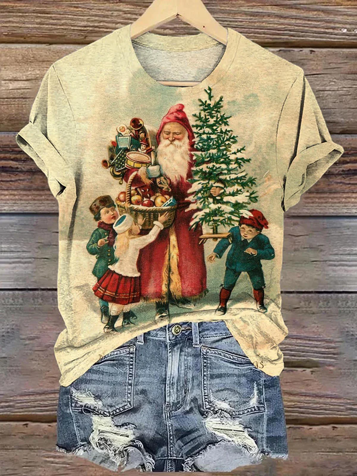 Retro Santa With Kids Crew Neck T-shirt