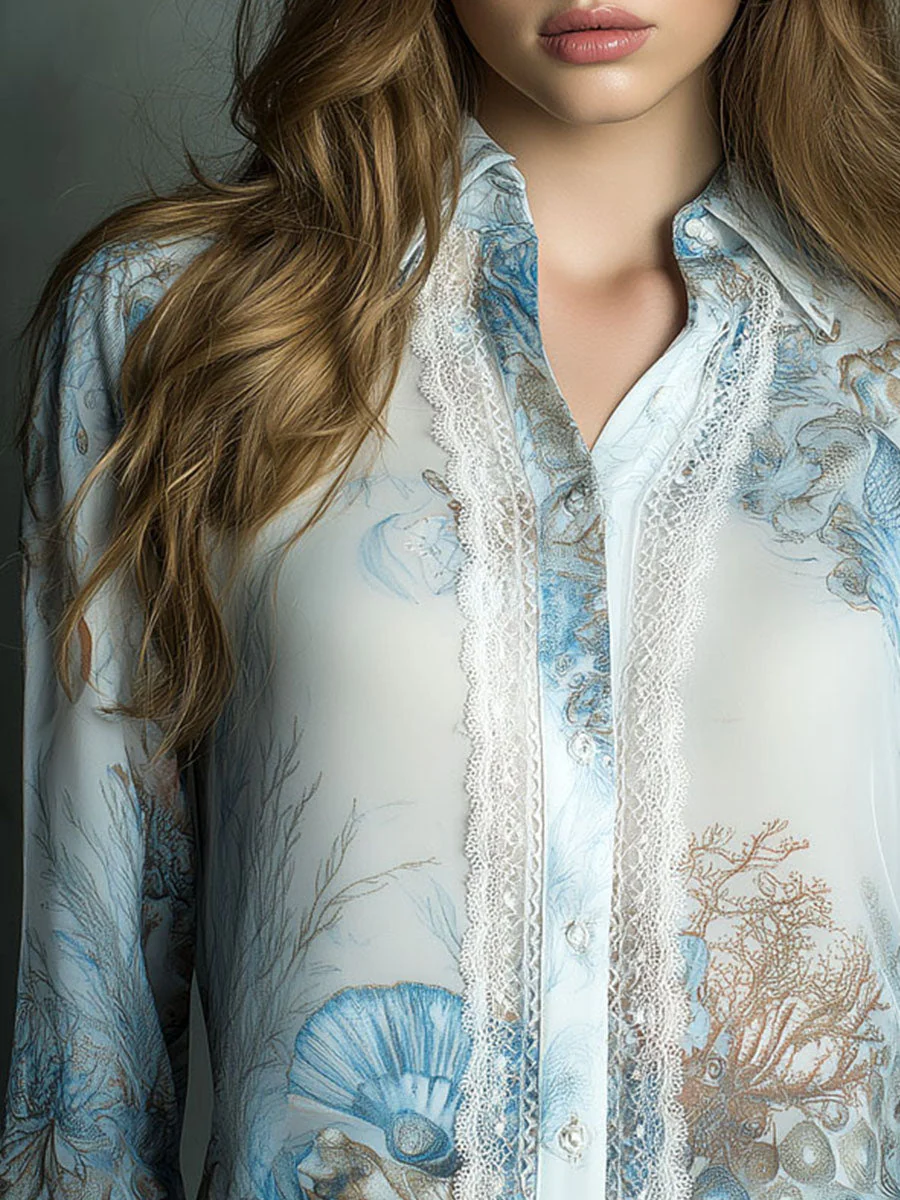 Retro Seashell Print Ocean-Inspired Chiffon Blouse With Lace Trim - Image 2