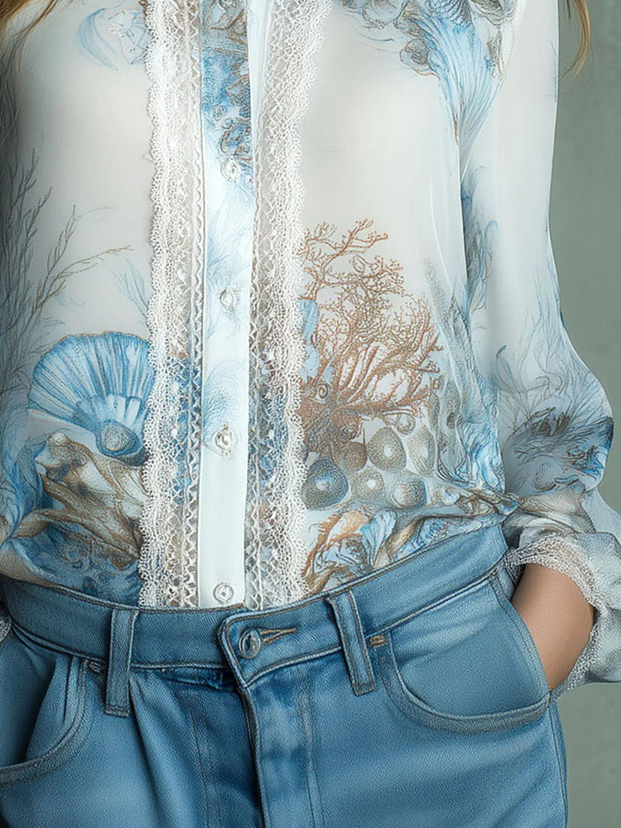 Retro Seashell Print Ocean-Inspired Chiffon Blouse With Lace Trim - Image 3