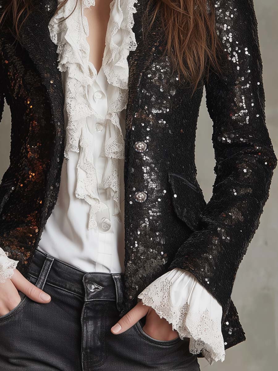 Retro Sequined Metal Button Blazer - Image 3