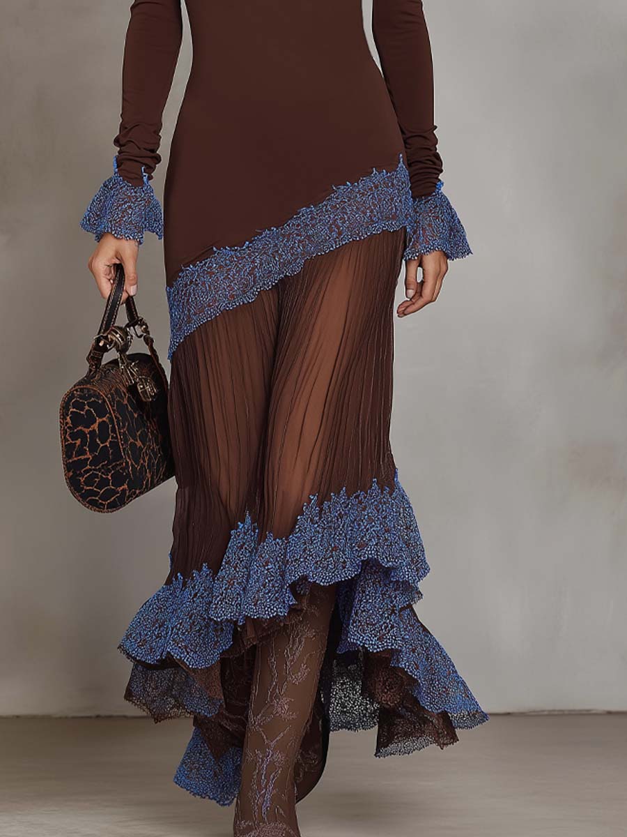 Retro Sheer Pleated Hem Lace Trim Midi Dress - Image 3