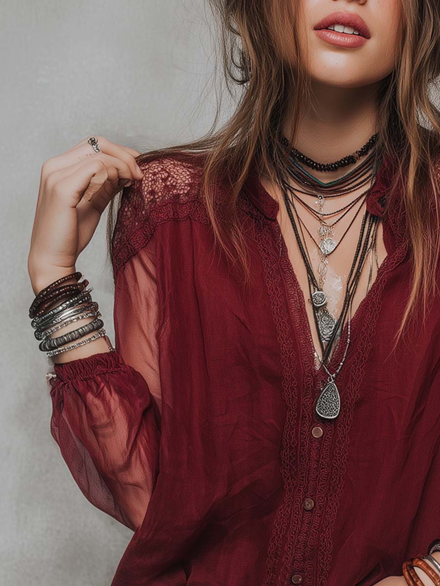 Retro Sheer Sleeves Lace Trim Chiffon Blouse - Image 2