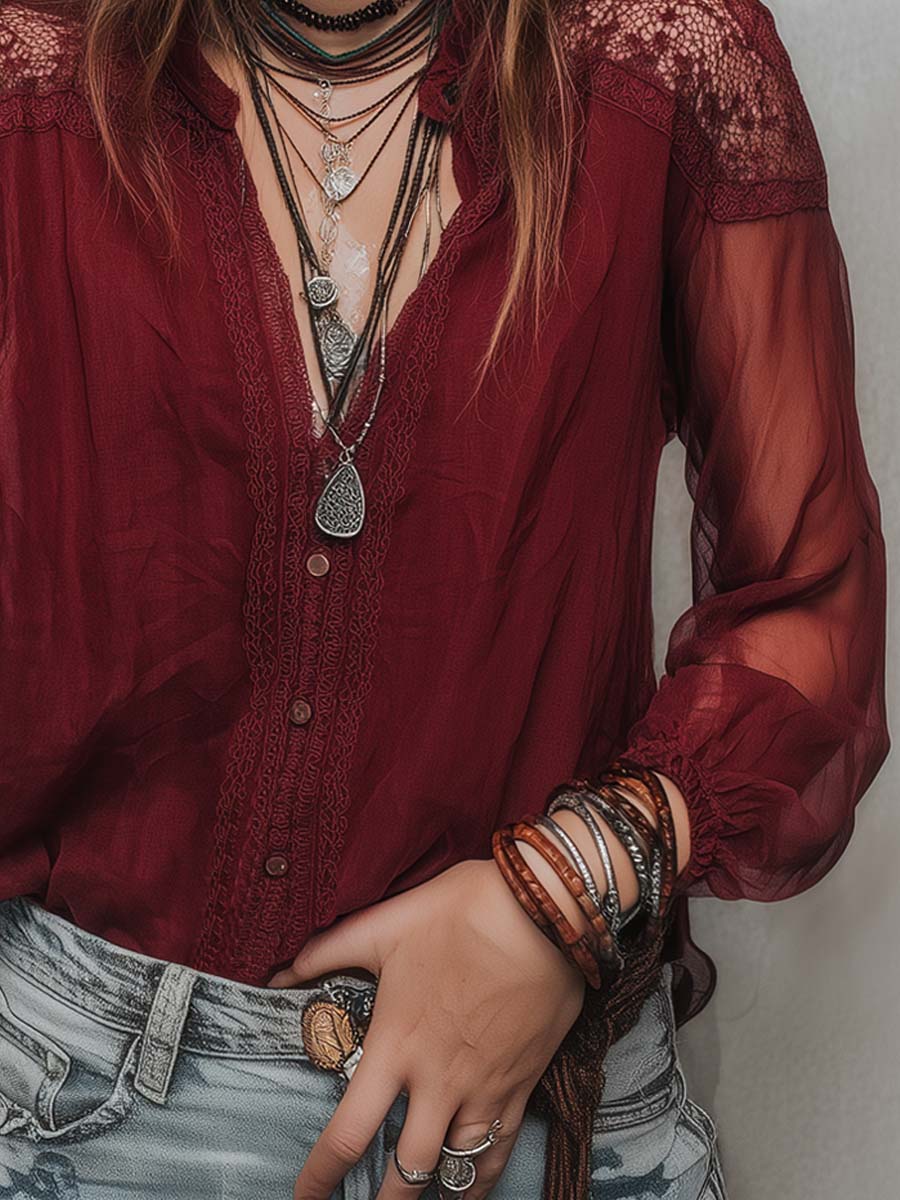 Retro Sheer Sleeves Lace Trim Chiffon Blouse - Image 3