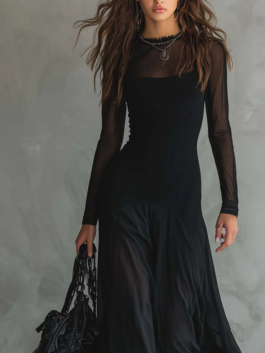 Retro Sheer Sleeves Maxi Dress - Image 2