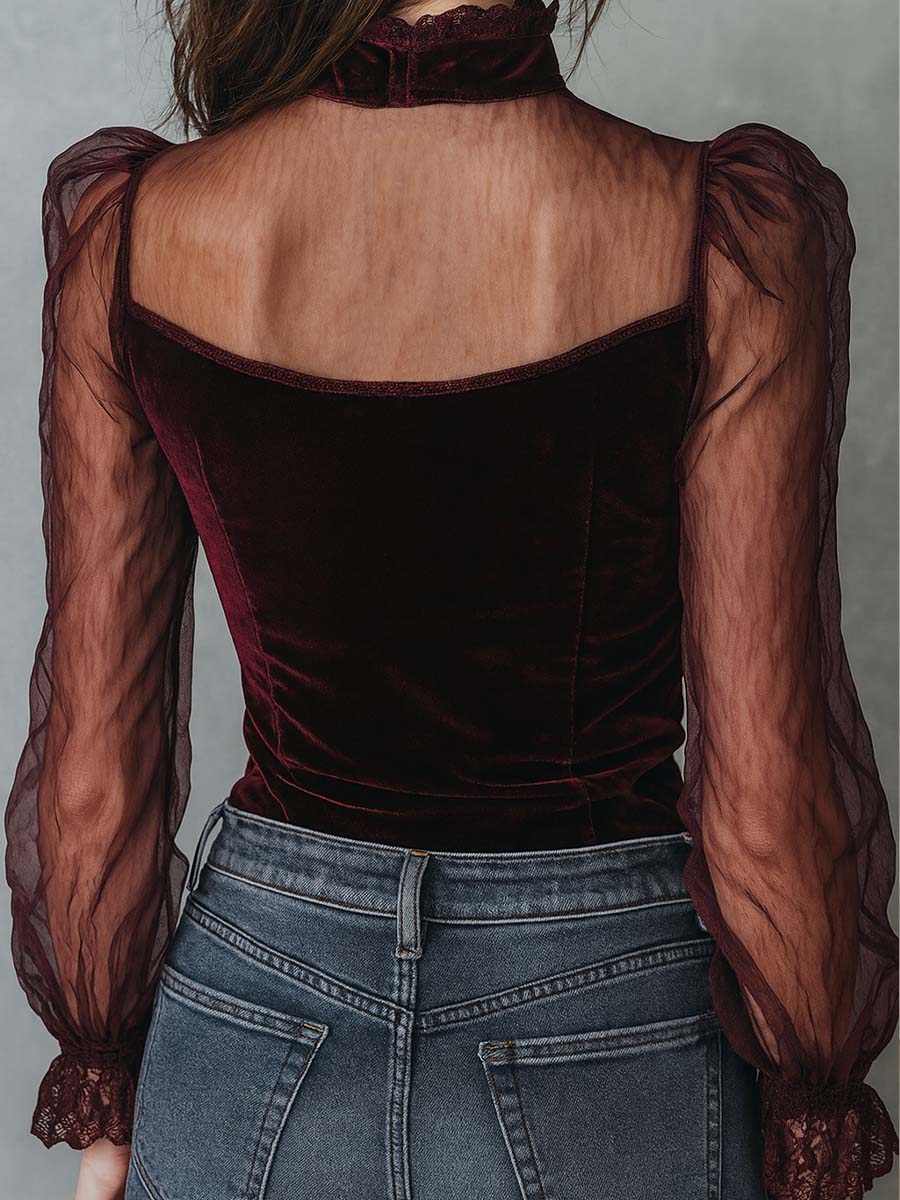 Retro Sheer Sleeves Polyester Velvet Blouse - Image 2