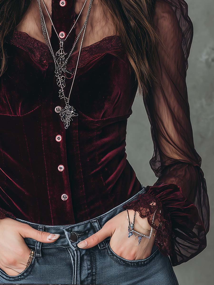 Retro Sheer Sleeves Polyester Velvet Blouse - Image 3