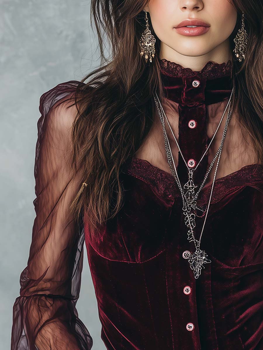 Retro Sheer Sleeves Polyester Velvet Blouse - Image 4
