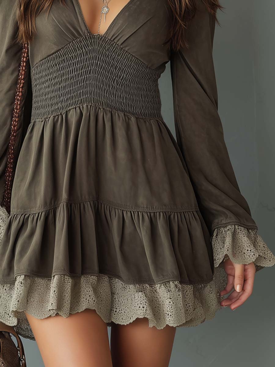 Retro Smocked Waistline Lace Trim Suede Mini Dress - Image 3