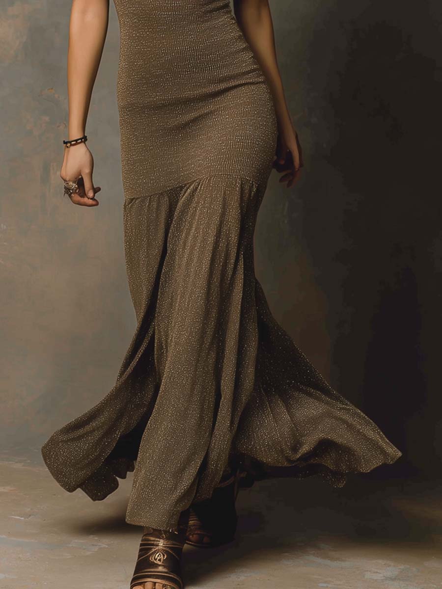 Retro Square Neck Flare Hem Metallic Knit Maxi Dress - Image 3