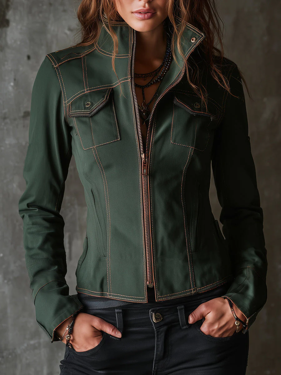 Retro Stand Collar Denim Jacket With Front Zipper And Flap Pockets