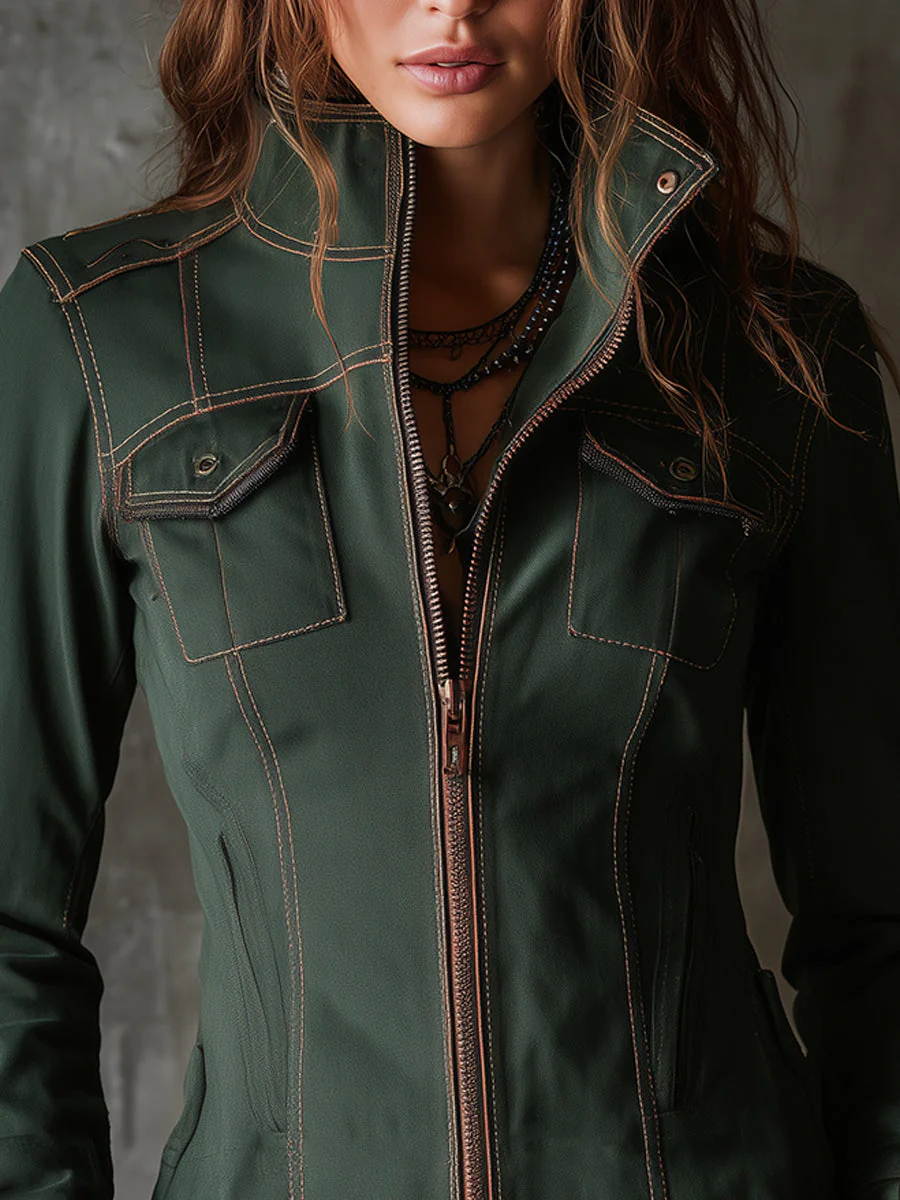 Retro Stand Collar Denim Jacket With Front Zipper And Flap Pockets - Image 3
