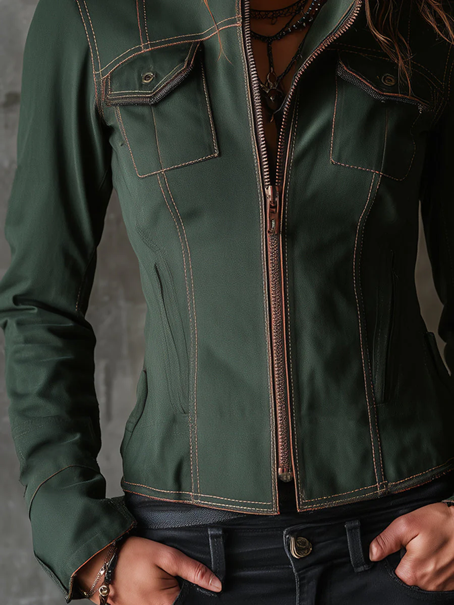 Retro Stand Collar Denim Jacket With Front Zipper And Flap Pockets - Image 4
