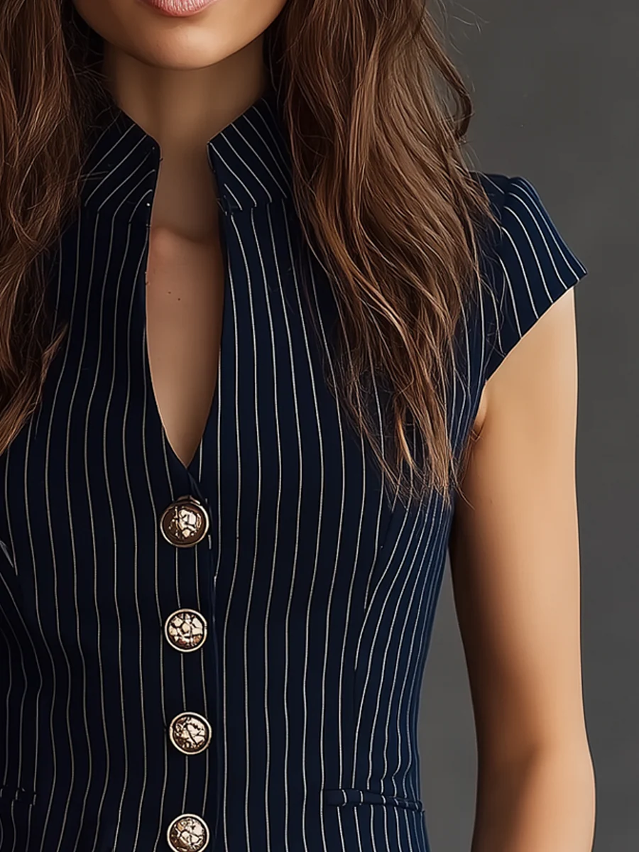 Retro Stand V-Neck Striped Short-Sleeved Blouse - Image 2