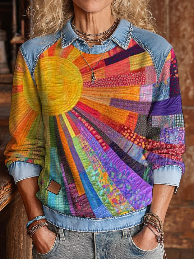 Retro-style Colorful Sun Patchwork Art Print Patchwork Casual Cotton Sweatshirt