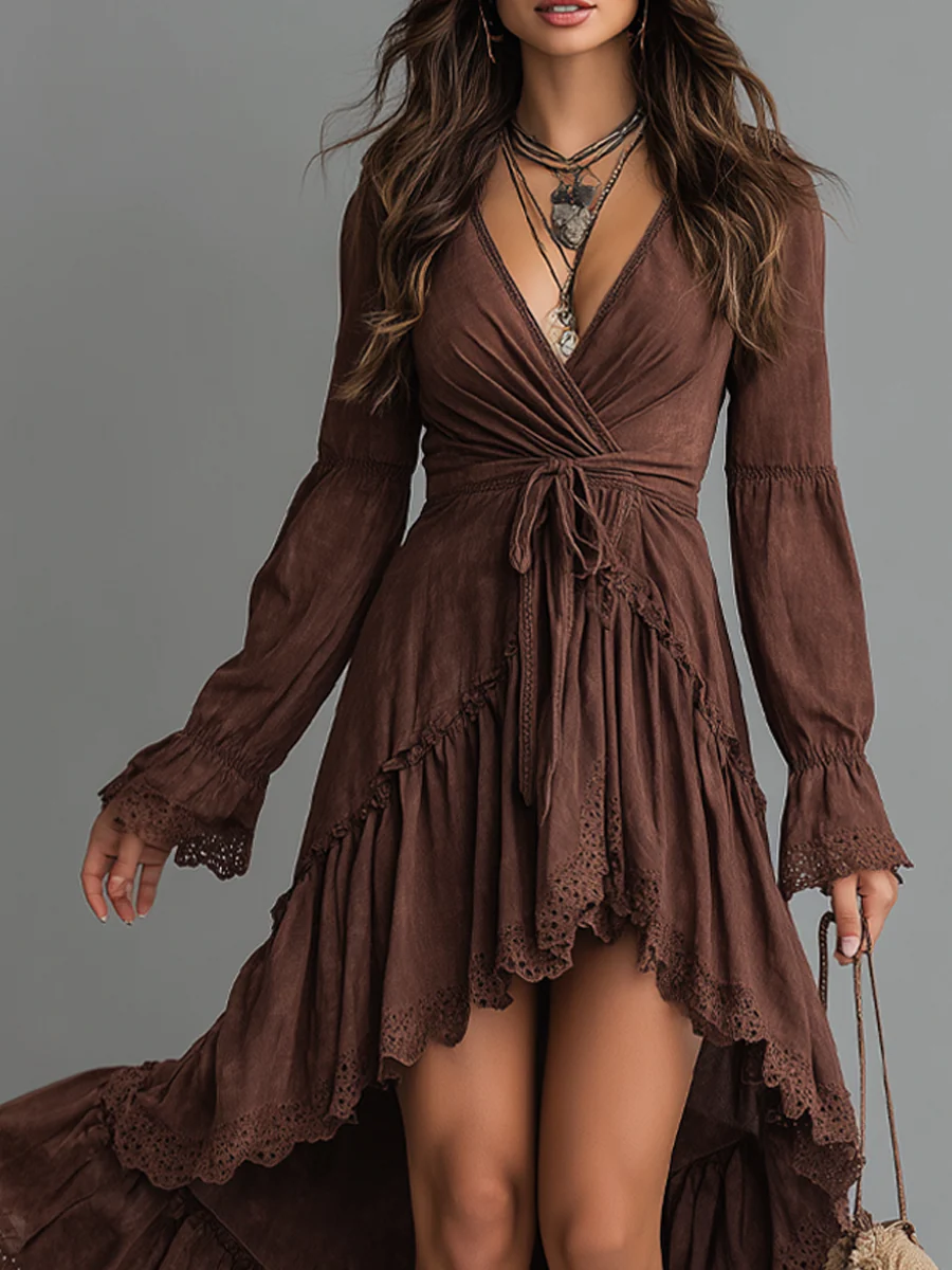 Retro-style Irregular Hem Lace Trim Denim Midi Dress - Image 2