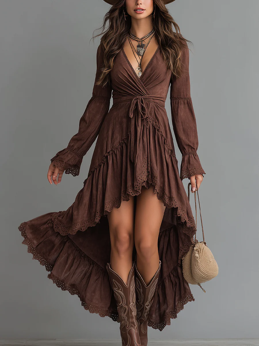 Retro-style Irregular Hem Lace Trim Denim Midi Dress - Image 3