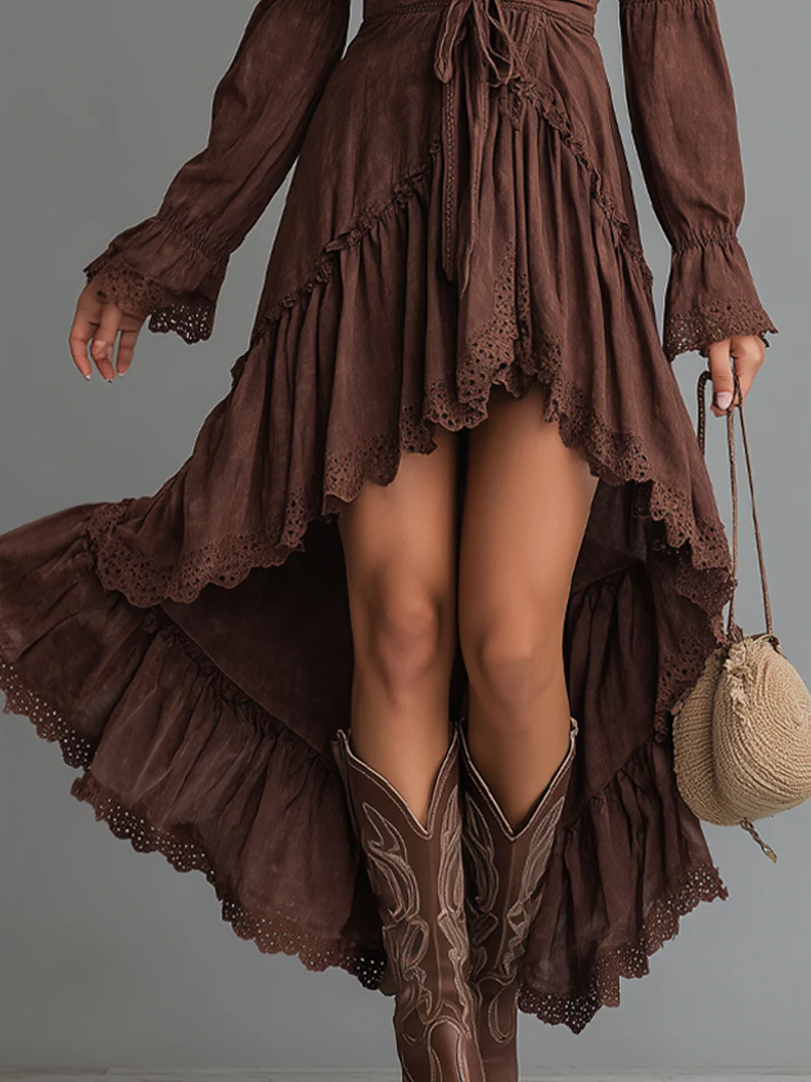Retro-style Irregular Hem Lace Trim Denim Midi Dress - Image 4