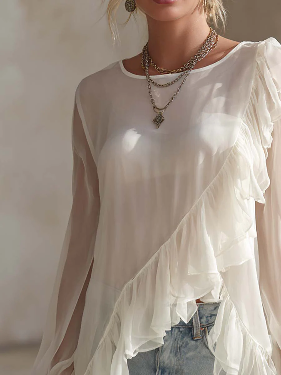 Retro-style Irregular Ruffled Hem Chiffon Blouse - Image 3