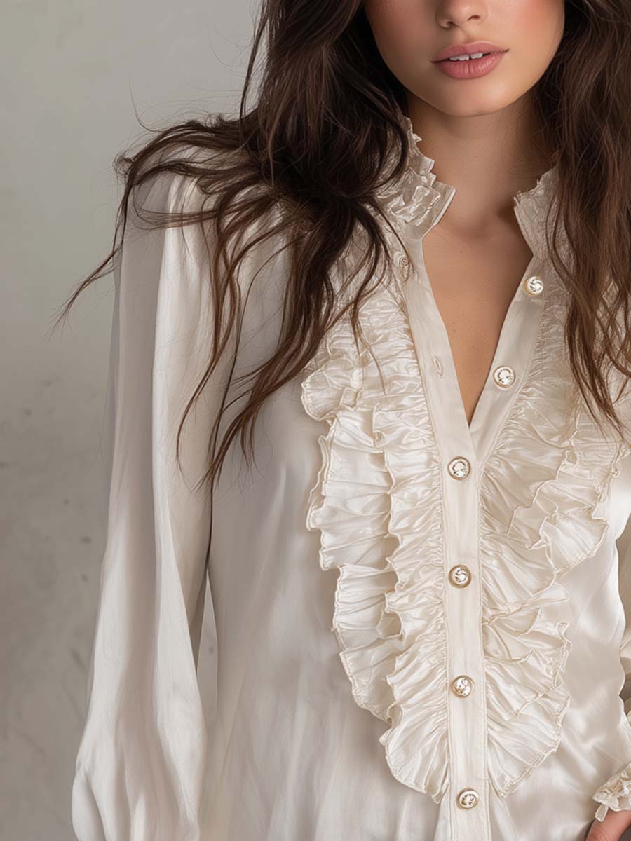 Retro-style Ruffled Placket Polyester Satin Long-sleeved Blouse - Image 2