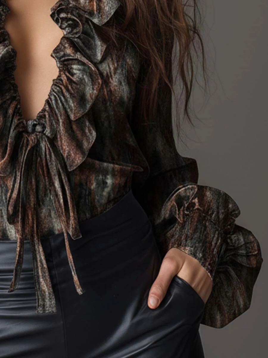 Retro-style Shimmering Print Velvet Ruffled Tie-front Shirt With Puffy Sleeves - Image 4