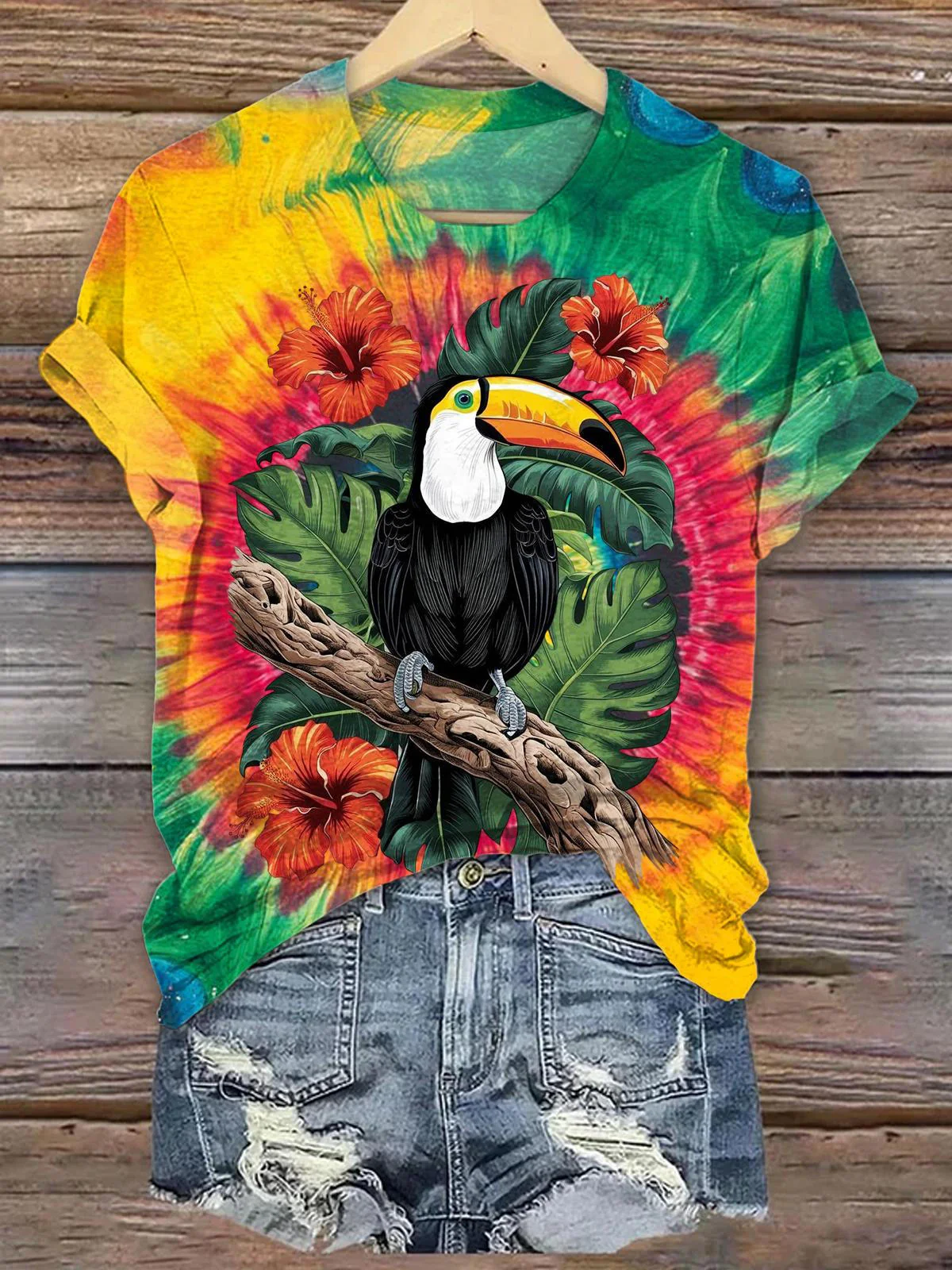 Retro Tie dye Flower and Bird Crew Neck T-shirt