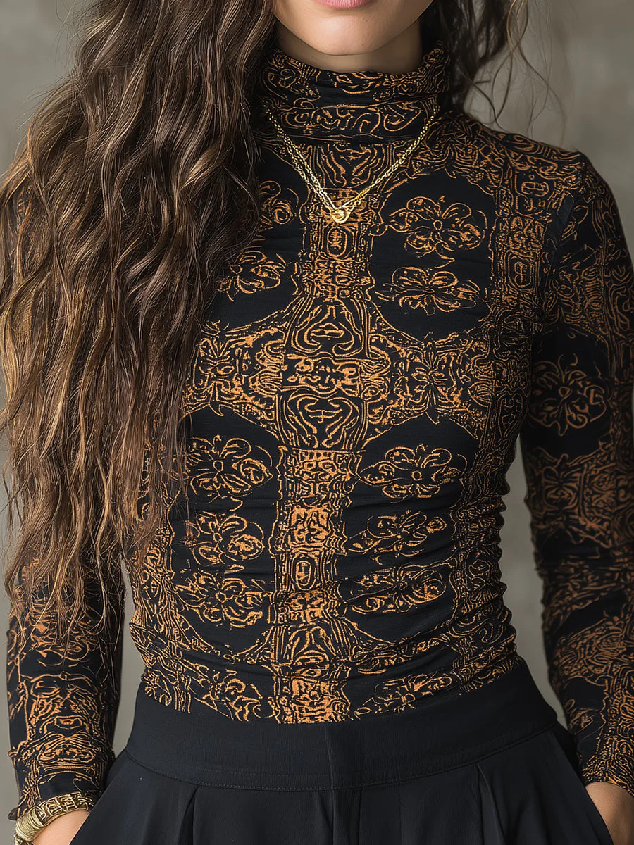 Retro Totem Print Stretch Knit Slim High Neck T-shirt - Image 2