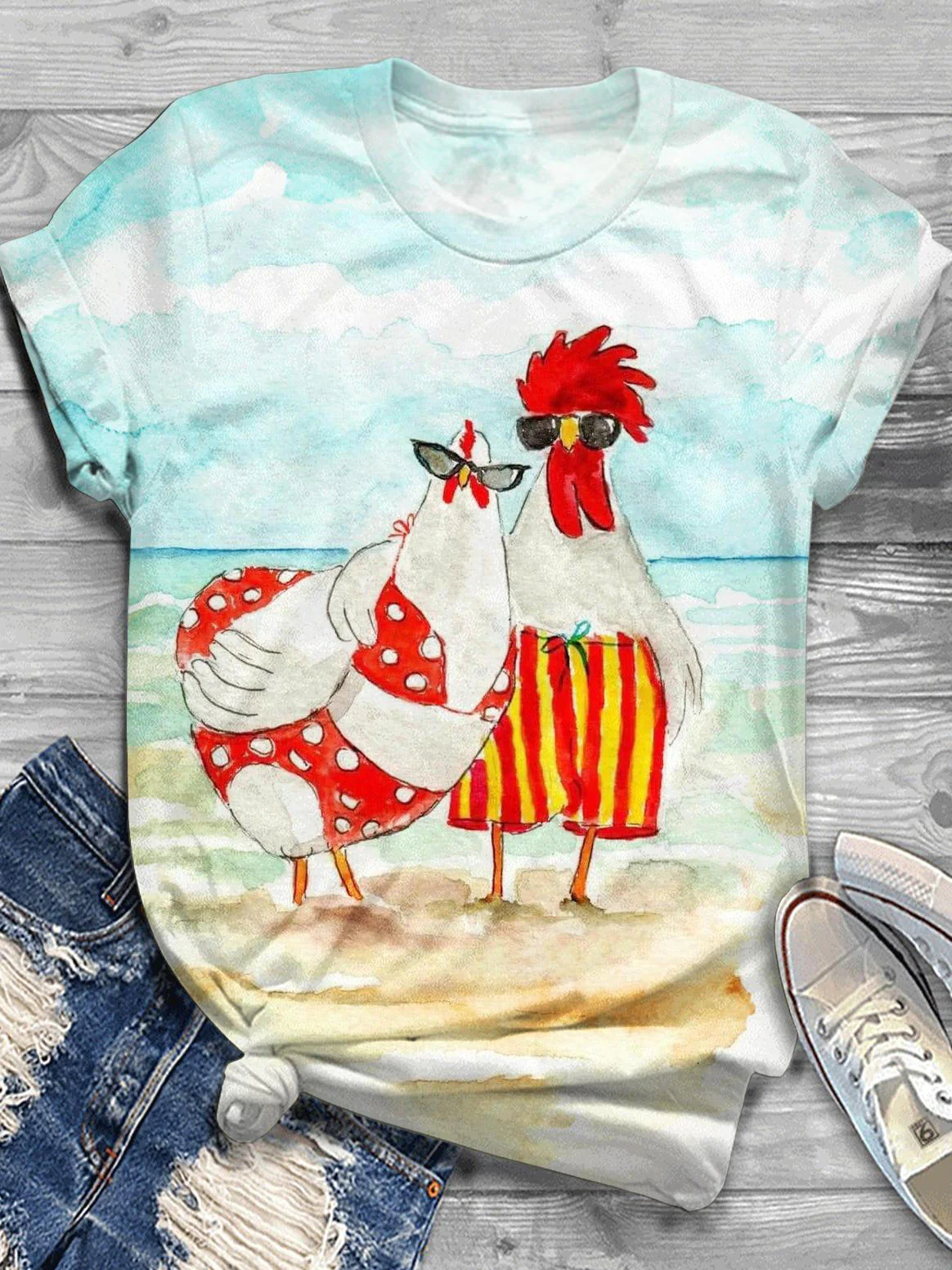 Retro Travel Oil Painting Crew Neck T-shirt