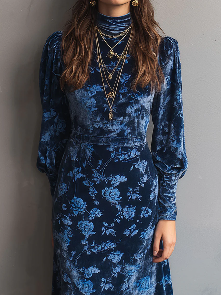 Retro Turtleneck Rose Print Velvet Midi Dress - Image 2