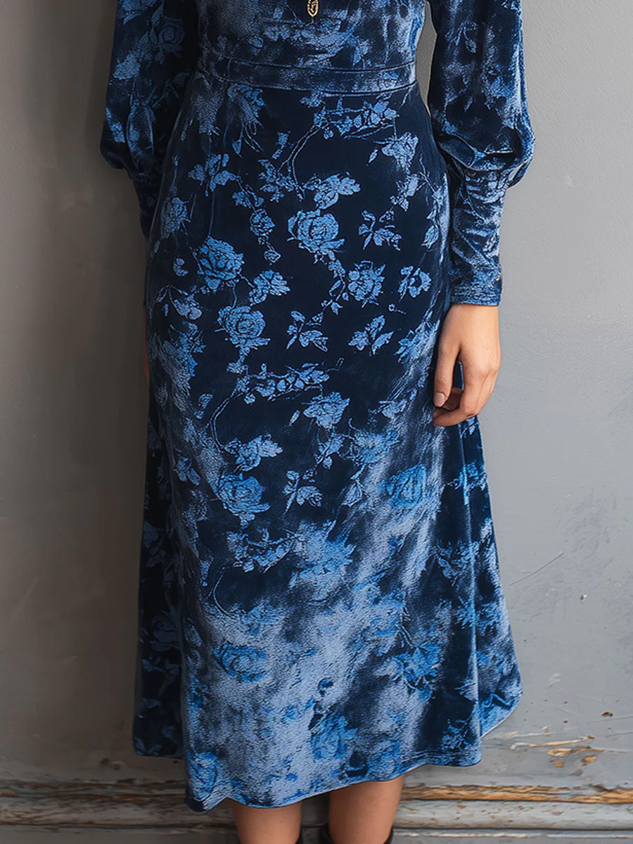 Retro Turtleneck Rose Print Velvet Midi Dress - Image 3