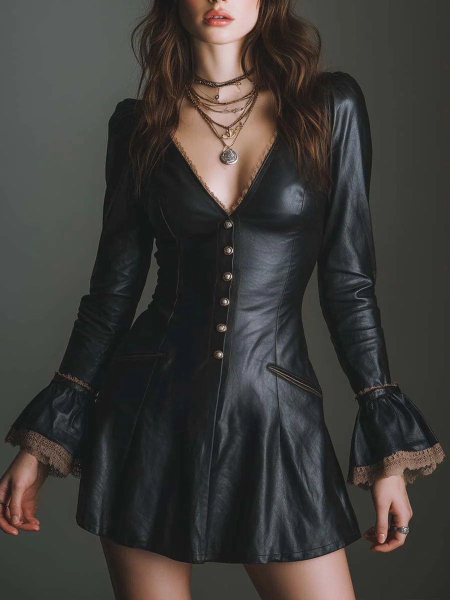 Retro V-neck Button Lace Trim Faux Leather Mini Dress