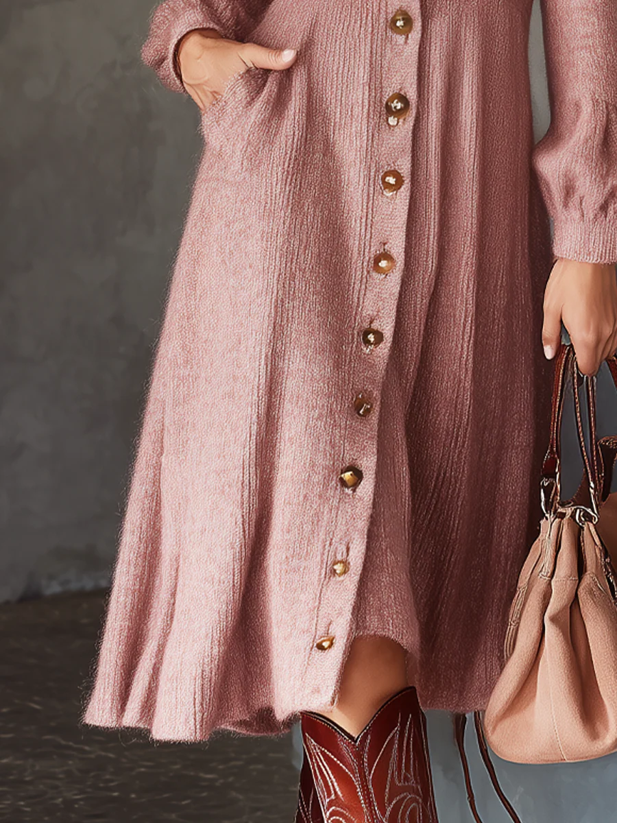 Retro V-neck Button Pockets Mohair Knitted Midi Dress - Image 2
