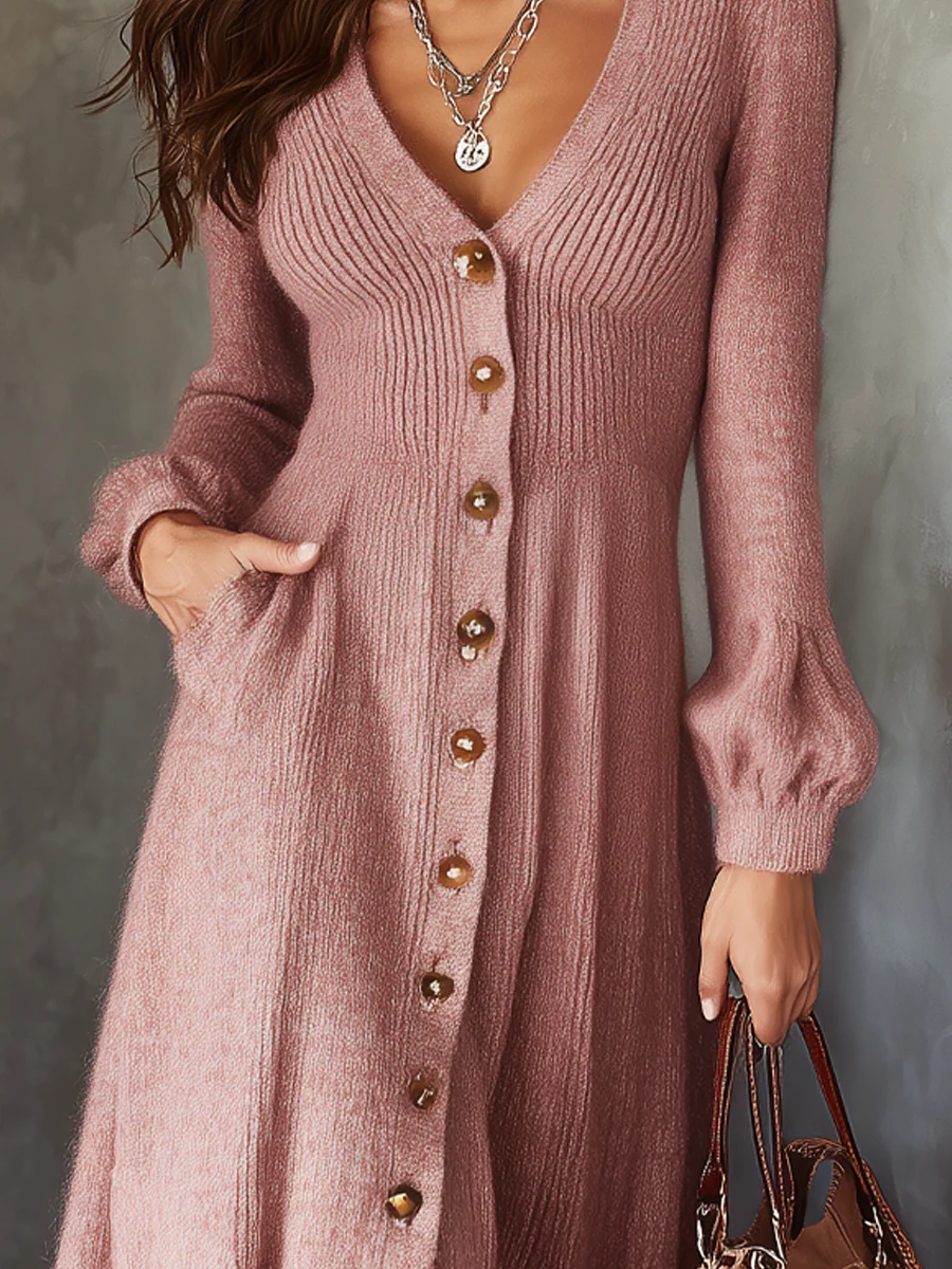 Retro V-neck Button Pockets Mohair Knitted Midi Dress - Image 4